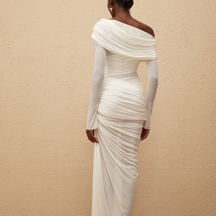 Jacqueline White Mesh Ruched Maxi Dress