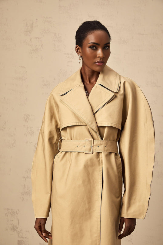 Jaden khaki trench coat with curved sleeves on a white background