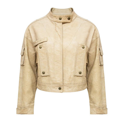 Jane wearing Beige Bomber Jacket with Stand-Up Collar and Zipper Closure