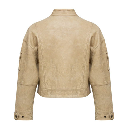 Jane wearing Beige Bomber Jacket with Stand-up Collar and Zipper Closure