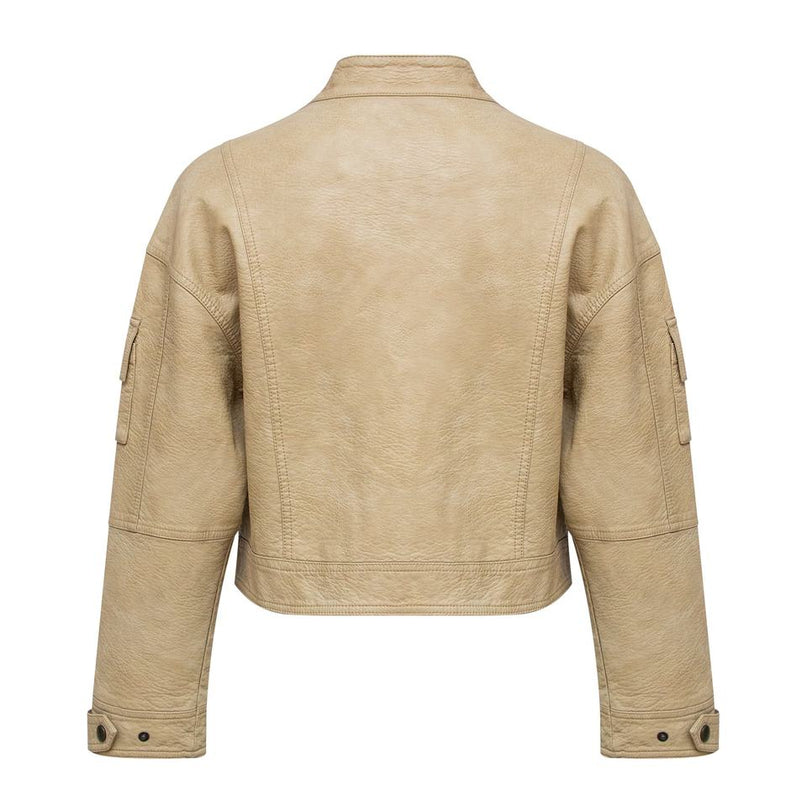 Jane wearing Beige Bomber Jacket with Stand-up Collar and Zipper Closure