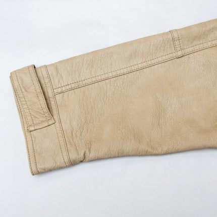 Jane wearing Beige Bomber Jacket with Stand-Up Collar and Zipper Closure
