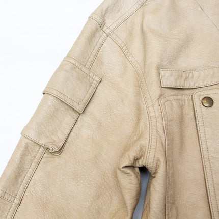 Jane wearing Beige Bomber Jacket with Stand-Up Collar and Zipper Closure