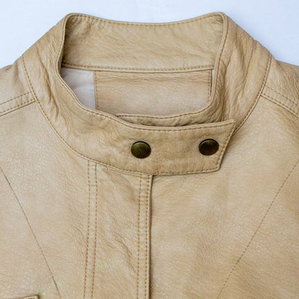 Jane wearing Beige Bomber Jacket with Stand-up Collar and Zipper Closure