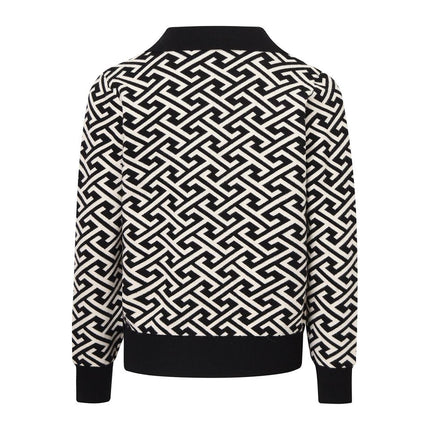 Jane Black Geometric Knit Cardigan Sweater V-Neck Double-Breasted Breathable Anti-Wrinkle Standard Thickness Fall Chic Computer-Knitted Versatile Elegance Modern Charm