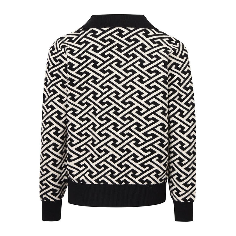 Jane Black Geometric Knit Cardigan Sweater V-Neck Double-Breasted Breathable Anti-Wrinkle Standard Thickness Fall Chic Computer-Knitted Versatile Elegance Modern Charm