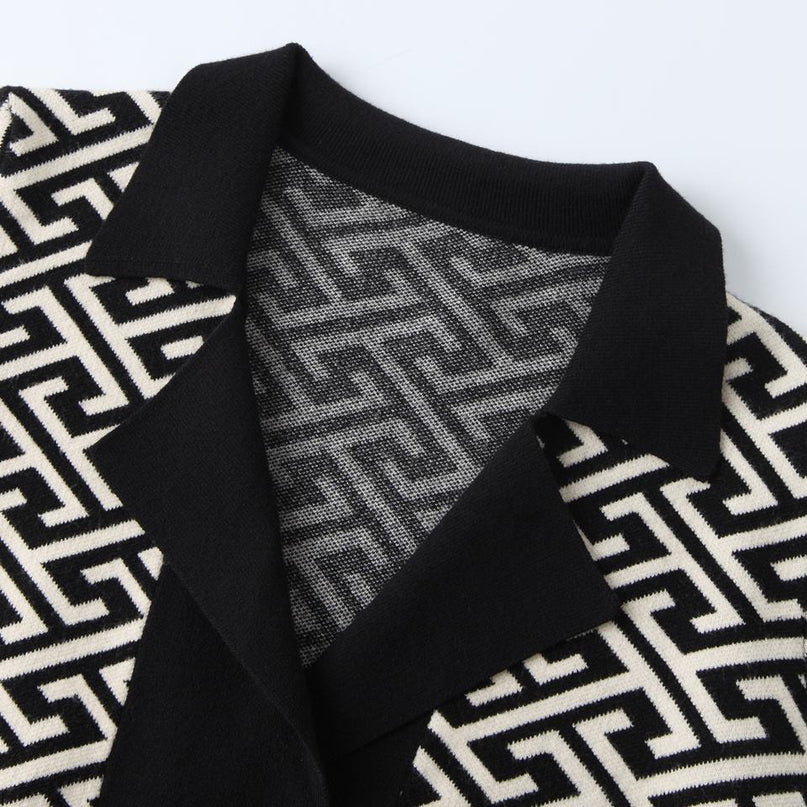 Jane Black Geometric Knit Cardigan Sweater V-Neck Double-Breasted Decorative Buttons Breathable Anti-Wrinkle Standard Thickness Fall Chic Computer-Knitted Versatile Must-Have Fashion-Forward Elegance Modern Charm