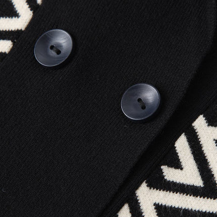 Jane Black Geometric Knit Cardigan Sweater V-Neckline Double-Breasted Closure Decorative Buttons Breathable Anti-Wrinkle Standard Thickness Fall Chic Computer-Knitted Versatile Must-Have Fashion-Forward Elegance Modern Charm