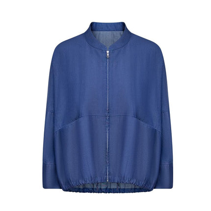 Jane wearing Blue Bomber Jacket with Turn-Down Collar and Zipper Closure