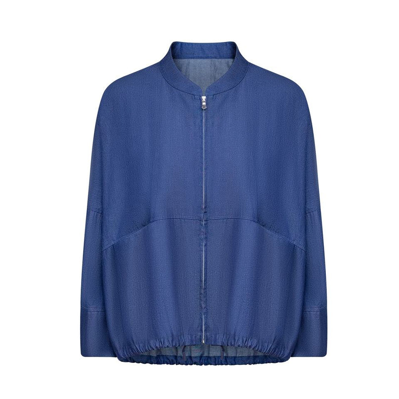 Jane wearing Blue Bomber Jacket with Turn-Down Collar and Zipper Closure