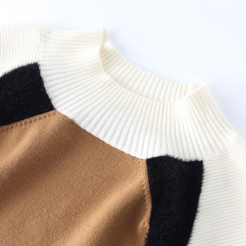 Jane wearing Brown Boho Cotton Sweater with Patchwork Details