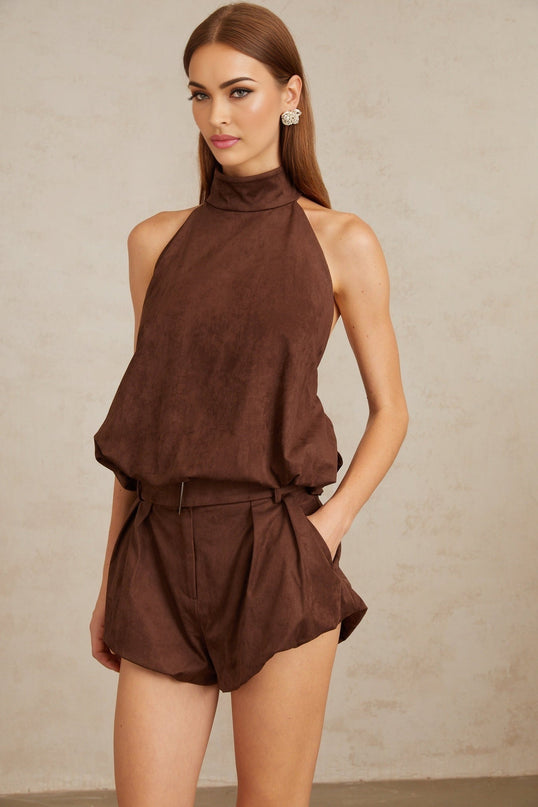 Jane wearing Chaney Brown Suede Bubble Hem Top & Shorts Set