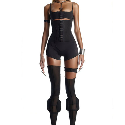 Jane wearing Éclat Black Hollow Detail Playsuit
