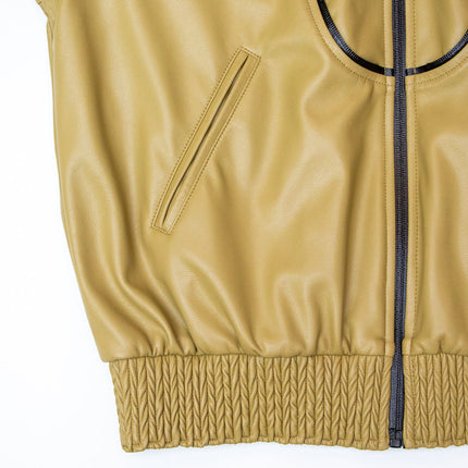 Jane wearing premium green zipper faux leather bomber jacket