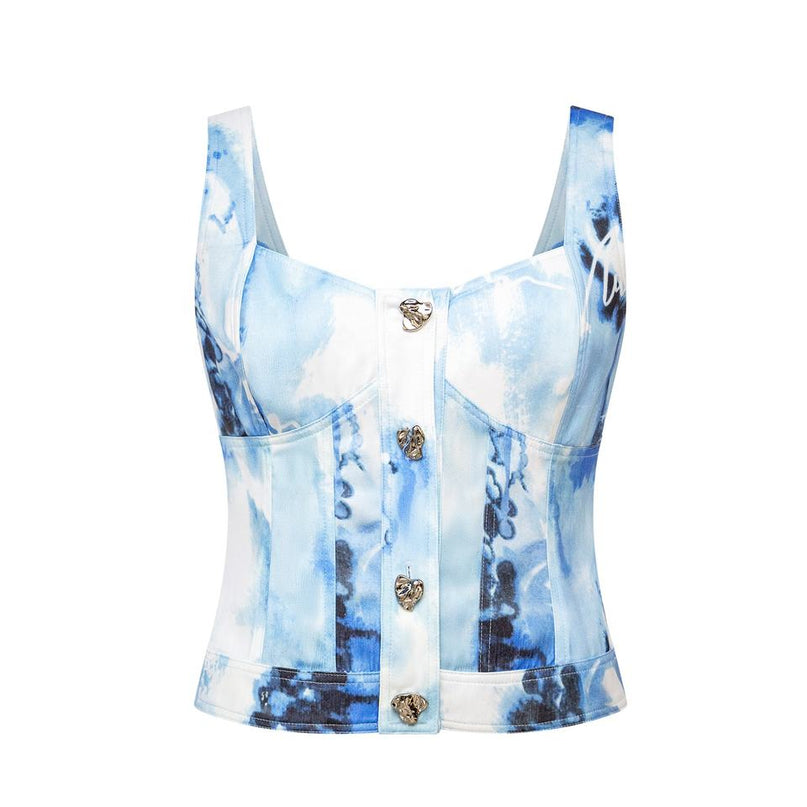 Jane wearing Light Blue Y2K Denim Set Sleeveless Top and Mid-Calf Skirt