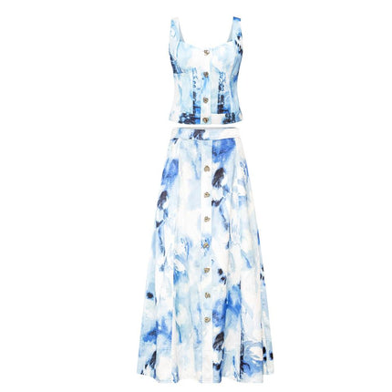 Jane wearing Light Blue Y2K-inspired denim set sleeveless top and mid-calf skirt
