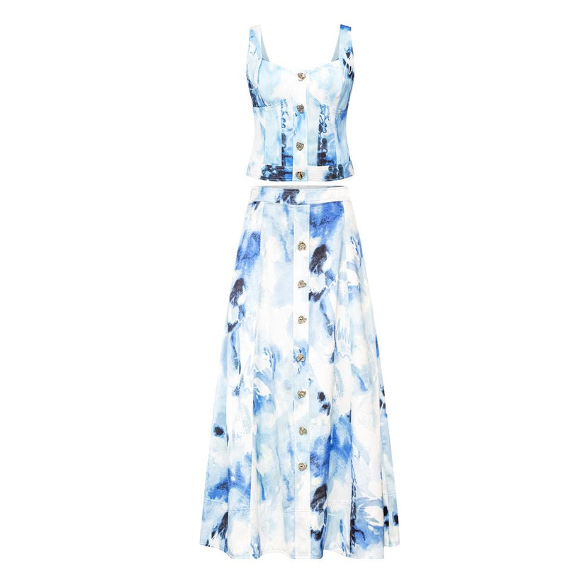 Jane wearing Light Blue Y2K-inspired denim set sleeveless top and mid-calf skirt