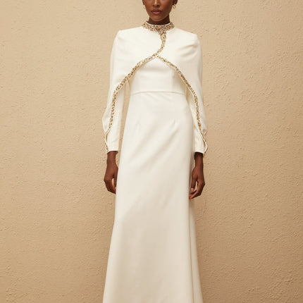 Jane wearing Lune White Embellished Shawl Design Gown with crystal and rhinestone embellishments