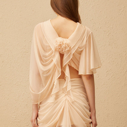 Jane wearing Pénombre Neutral Ruched Tulle Top & Skirt Set in Neutrals