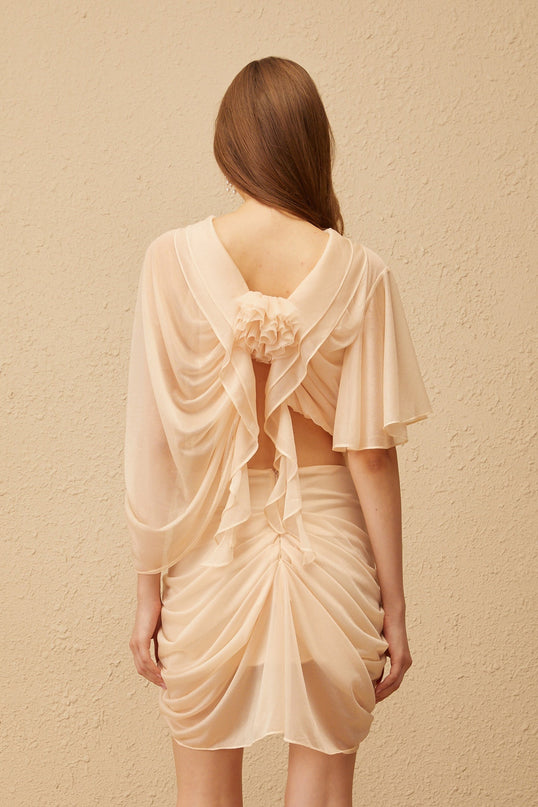 Jane wearing Pénombre Neutral Ruched Tulle Top & Skirt Set in Neutrals