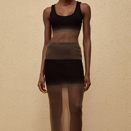 Jane wearing Soie Black Semi Sheer Ribbed Knit Matching Set