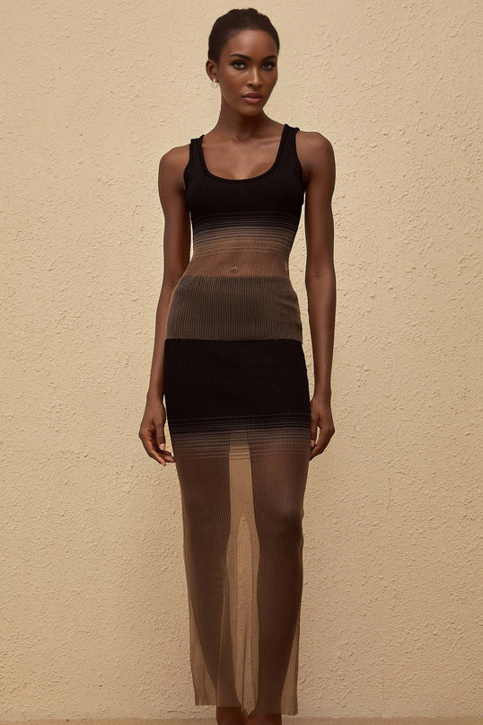 Jane wearing Soie Black Semi Sheer Ribbed Knit Matching Set