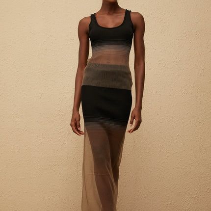 Jane wearing Soie Black Semi Sheer Ribbed Knit Matching Set
