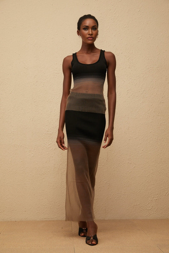 Jane wearing Soie Black Semi Sheer Ribbed Knit Matching Set