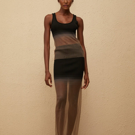 Jane wearing Soie Black Semi Sheer Ribbed Knit Matching Set