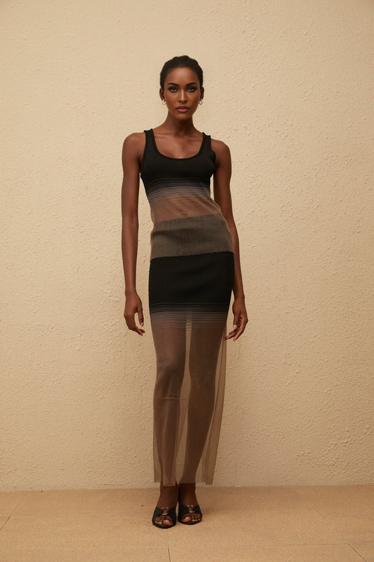 Jane wearing Soie Black Semi Sheer Ribbed Knit Matching Set