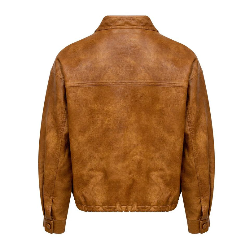Jane wearing Vintage Brown PU Leather Bomber Jacket