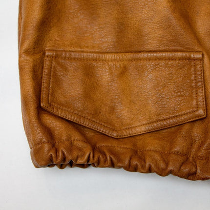 Jane wearing Vintage Brown PU Leather Bomber Jacket