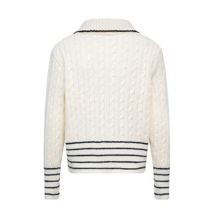 Jane wearing White Varsity Button Sweater