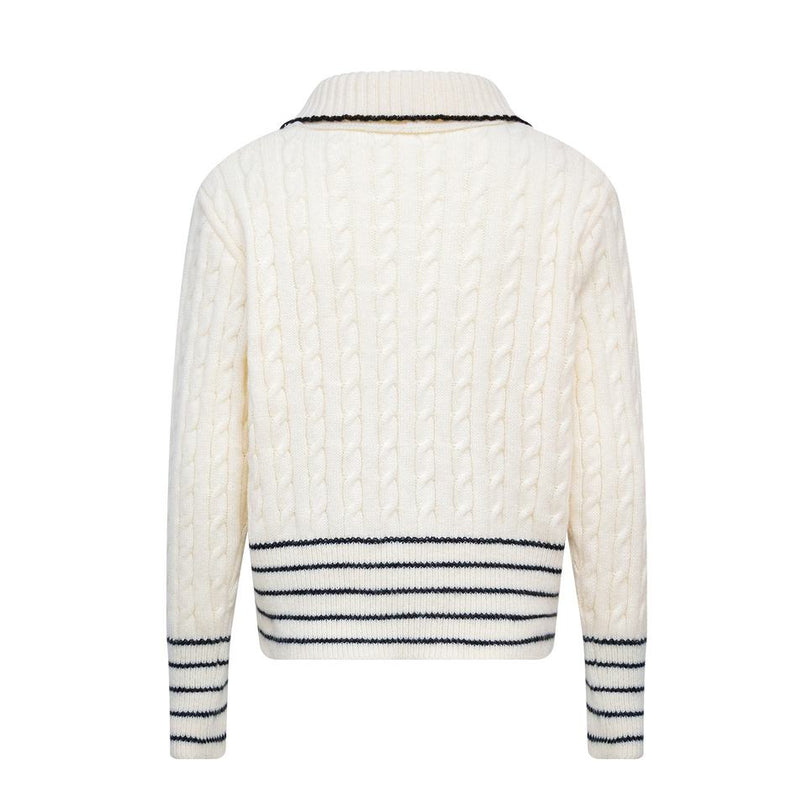 Jane wearing White Varsity Button Sweater