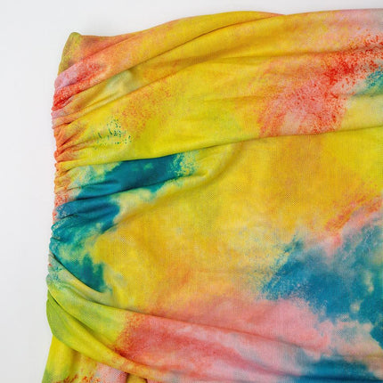 Jane wearing Yellow Tie Dye Off Shoulder Bodycon Dress with Silk Screen Print logo