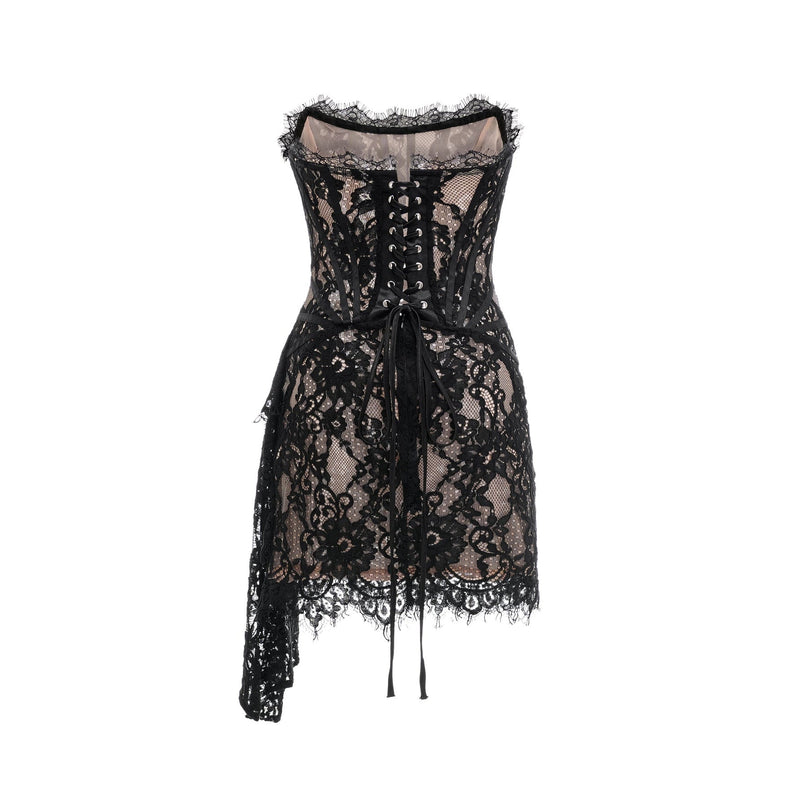 Janessa Black Lace Ribbon Pierced Mini Dress