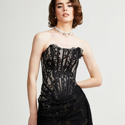 Janessa Black Lace Ribbon Pierced Mini Dress