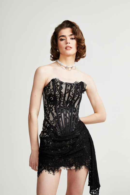 Janessa Black Lace Ribbon Pierced Mini Dress