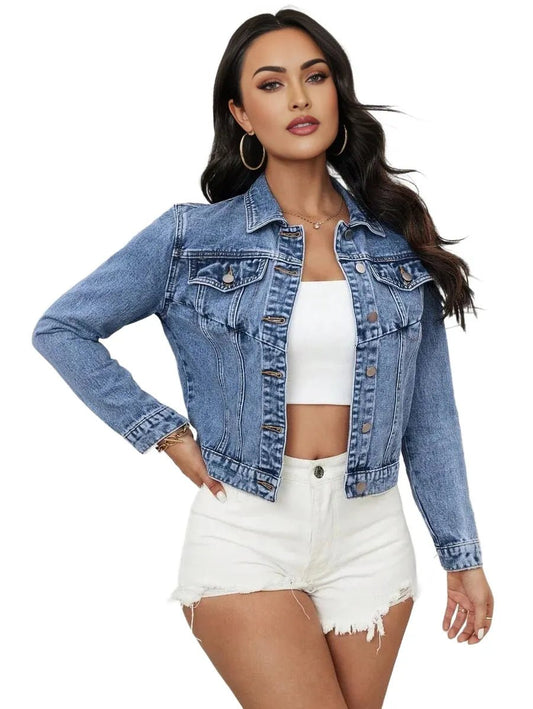 Janessa Cropped Denim Jacket with Button - Front Design in Blue - Blue