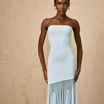 Jasmine Blue Maxi Dress Sheer Tulle Off-The-Shoulder Pleated Floor-Length