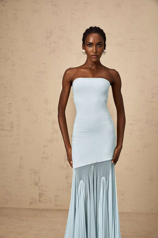 Jasmine Blue Maxi Dress Sheer Tulle Off-The-Shoulder Pleated Floor-Length