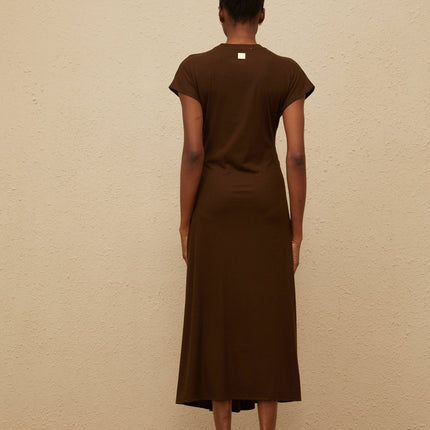 Jasmine Brown Midi Dress with Keyhole Detail in Tencel Cotton Blend
