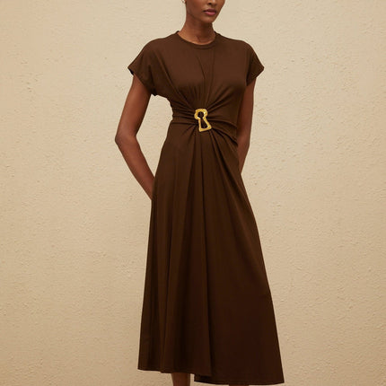 Jasmine Brown Midi Dress with Keyhole Detail in Tencel Cotton Blend