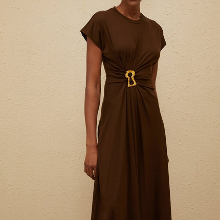 Jasmine Brown Midi Dress with Keyhole Detail in Tencel Cotton Blend