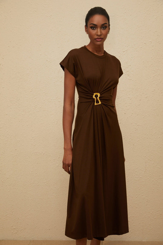 Jasmine Brown Midi Dress with Keyhole Detail in Tencel Cotton Blend