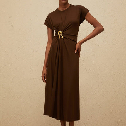 Jasmine Brown Midi Dress with Keyhole Detail in Tencel Cotton Blend