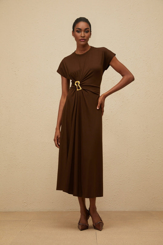 Jasmine Brown Midi Dress with Keyhole Detail in Tencel Cotton Blend
