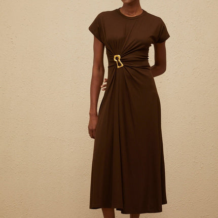 Jasmine Brown Midi Dress with Keyhole Detail in Tencel Cotton Blend