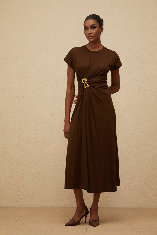 Jasmine Brown Midi Dress with Keyhole Detail in Tencel Cotton Blend