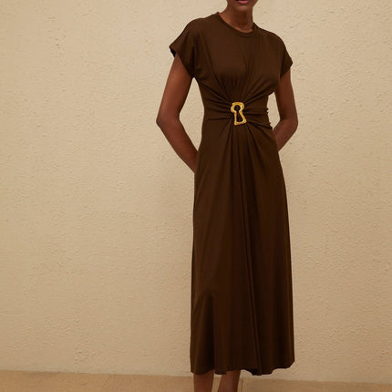 Jasmine Brown Midi Dress with Keyhole Detail